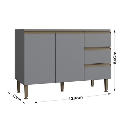 Balcão de Cozinha Greta 2 Portas 3 Gavetas Cinza - Irm Móveis
