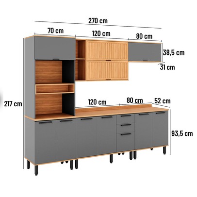 Cozinha Completa Castanha 11 Portas 2 Gavetas Ripado Cinza/Freijó - Telasul