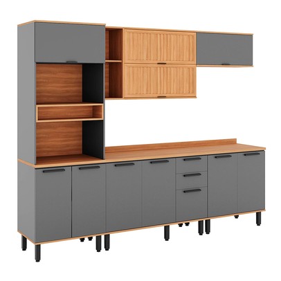 Cozinha Completa Castanha 11 Portas 2 Gavetas Ripado Cinza/Freijó - Telasul