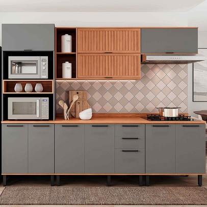Cozinha Completa Castanha 11 Portas 2 Gavetas Ripado Cinza/Freijó - Telasul