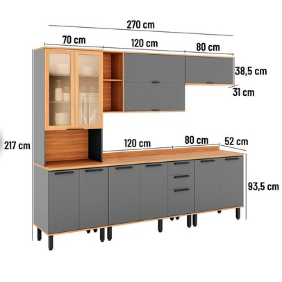 Cozinha Completa Castranha 12 Portas 2 Gavetas Cinza/Freijó - Telasul
