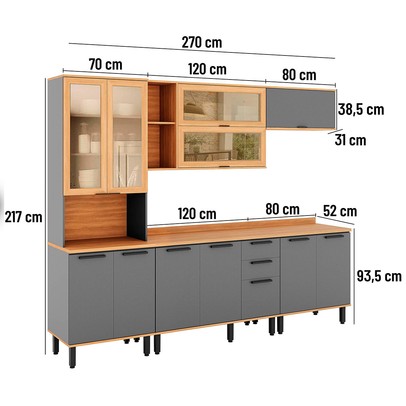 Cozinha Completa Castranha 12 Portas 2 Gavetas com Vidro Cinza/Freijó - Telasul
