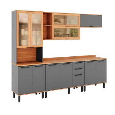 Cozinha Completa Castranha 12 Portas 2 Gavetas com Vidro Cinza/Freijó - Telasul