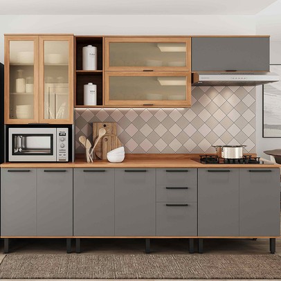 Cozinha Completa Castranha 12 Portas 2 Gavetas com Vidro Cinza/Freijó - Telasul