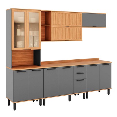 Cozinha Completa Castanha 12 Portas 2 Gavetas Ripado com Vidro 915457 Cinza/Freijó - Telasul