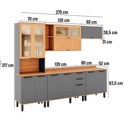 Cozinha Completa Castanha 12 Portas 2 Gavetas Ripado com Vidro Cinza/Freijó - Telasul