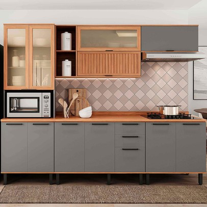 Cozinha Completa Castanha 12 Portas 2 Gavetas Ripado com Vidro Cinza/Freijó - Telasul