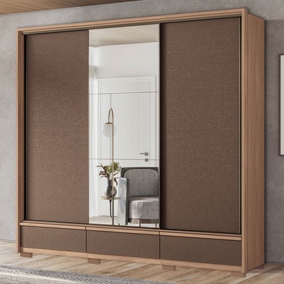 Guarda-Roupa Casal Milan 3 Portas 5 Gavetas com Espelho Wood/Terracota 163612 - Santos Andirá