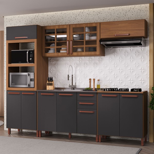 Cozinha Completa Monza 11 Portas 2 Gavetas com Vidro 6172.163 Freijó/Chumbo - Indékes