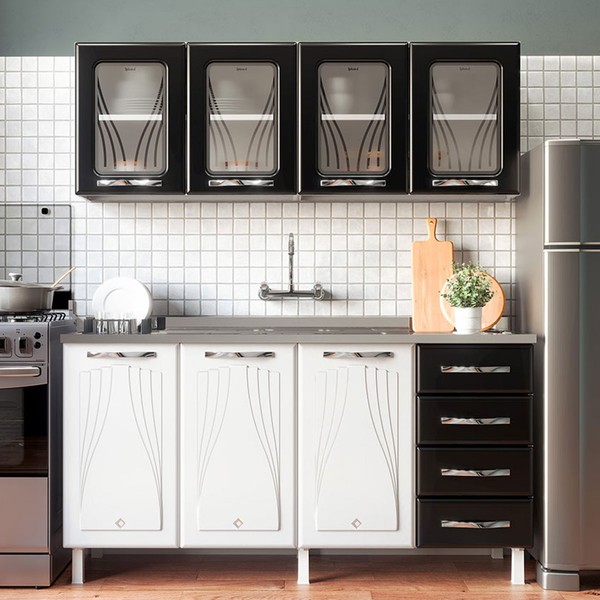 Cozinha Compacta de Aço Star New 7 Portas 4 Gavetas com Vidro Preto - Telasul