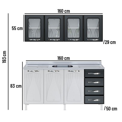 Cozinha Compacta de Aço Star New 7 Portas 4 Gavetas com Vidro Preto - Telasul