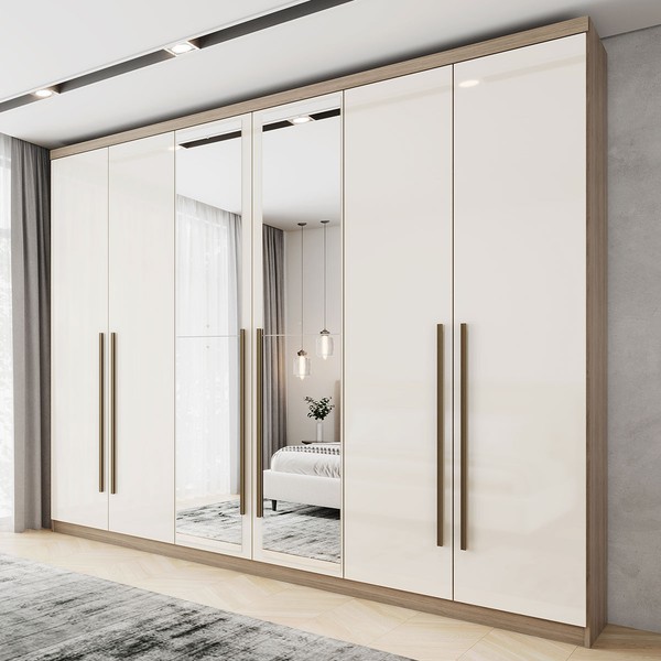 Guarda-Roupa Casal Jade 6 Portas 3 Gavetas com Espelho Rústico/Off White - Henn