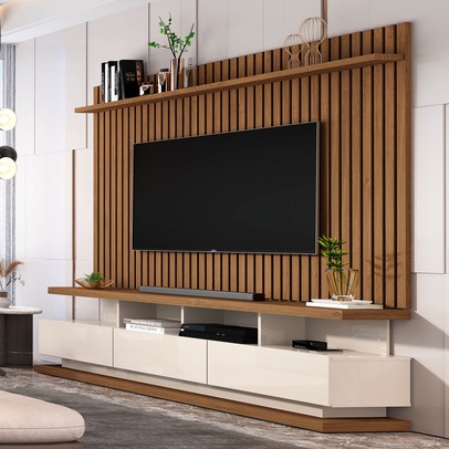 Rack com Painel para TV Até 72 Polegadas Vivare Classic 3 Gavetas Ripado Off White/Freijó - Giga Móveis