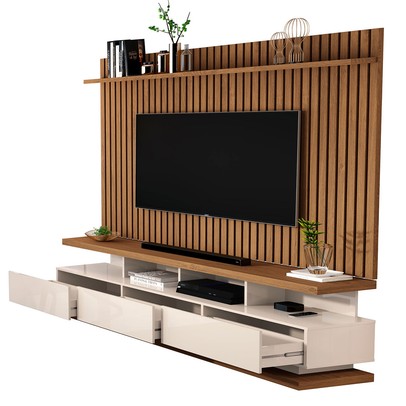 Rack com Painel para TV Até 72 Polegadas Vivare Classic 3 Gavetas Ripado Off White/Freijó - Giga Móveis