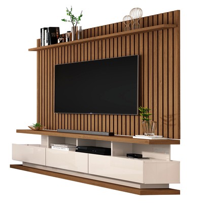 Rack com Painel para TV Até 72 Polegadas Vivare Classic 3 Gavetas Ripado Off White/Freijó - Giga Móveis