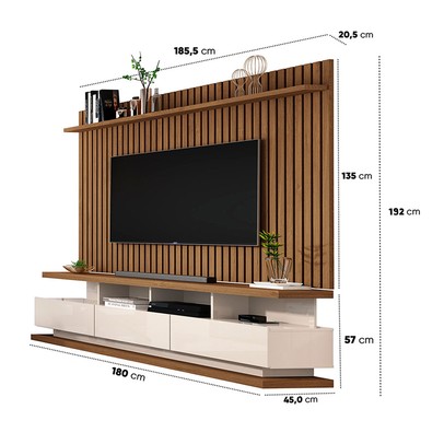 Rack com Painel para TV Até 72 Polegadas Vivare Classic 3 Gavetas Ripado Off White/Freijó - Giga Móveis