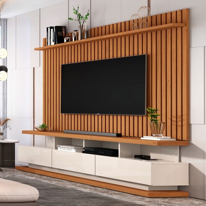 Rack com Painel para TV Até 72 Polegadas Vivare Classic 3 Gavetas Ripado Off White/Nature - Giga Móveis