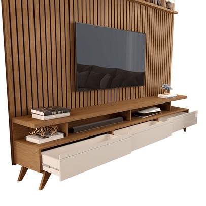 Rack com Painel para TV 72 Polegadas Vivare 3 Gavetas Ripado Freijó/Off White - Giga Móveis