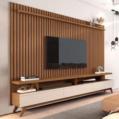 Rack com Painel para TV 72 Polegadas Vivare 3 Gavetas Ripado Freijó/Off White - Giga Móveis
