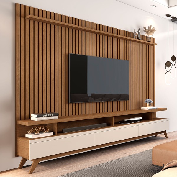 Rack com Painel para TV 72 Polegadas Vivare 3 Gavetas Ripado Freijó/Off White - Giga Móveis