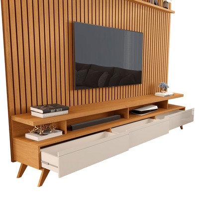Rack com Painel para TV 72 Polegadas Vivare 3 Gavetas Ripado Nature/ Off White - Giga Móveis