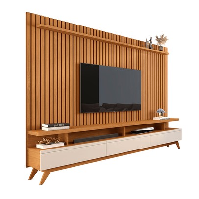 Rack com Painel para TV 72 Polegadas Vivare 3 Gavetas Ripado Nature/ Off White - Giga Móveis