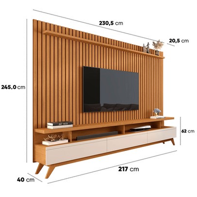 Rack com Painel para TV 72 Polegadas Vivare 3 Gavetas Ripado Nature/ Off White - Giga Móveis