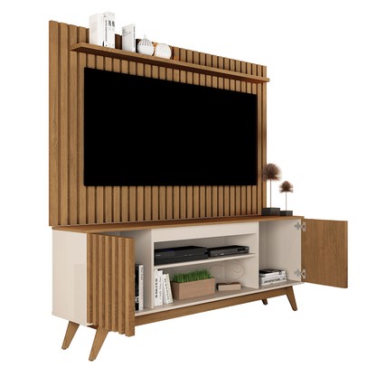 Rack com Painel para TV Até 65 Polegadas Malibu 2 Portas Ripado Off White/Freijó - Giga Móveis