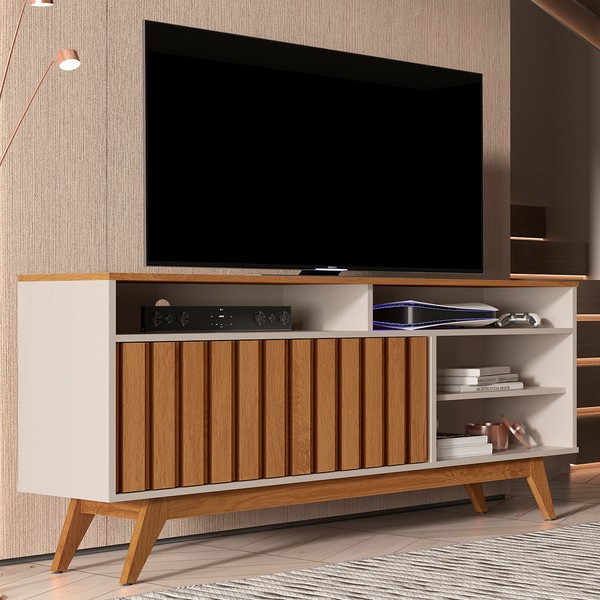 Rack para TV Até 60 Polegadas Real 2 Portas Ripado Off White/Freijó - Giga Móveis