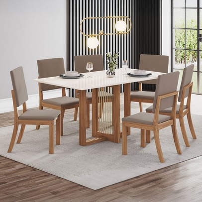 Mesa de Jantar 6 Lugares Bela Nature/Off White/Marrom Amêndoa Bela - Pnr Móveis