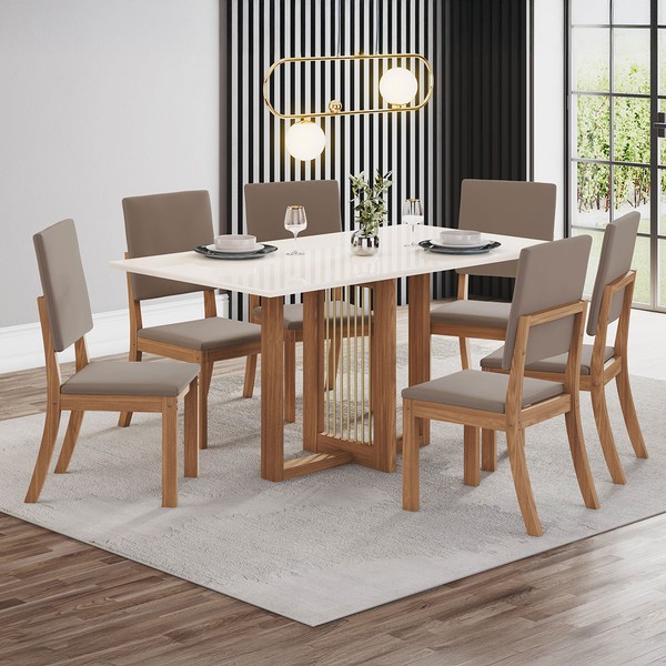 Mesa de Jantar 6 Lugares Bela Nature/Off White/Marrom Amêndoa Bela - Pnr Móveis