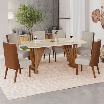 Mesa de Jantar 6 Lugares Lívia/Anne Nature/Off White/Courano/Linho- Pnr Móveis