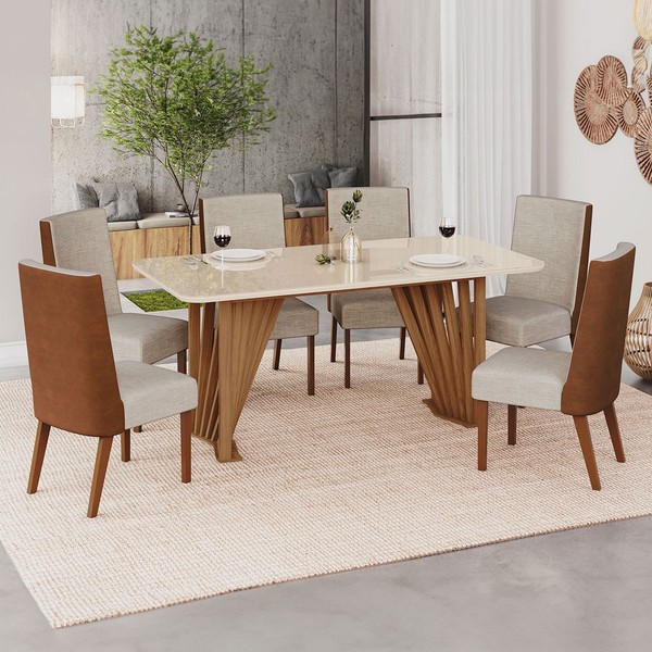 Mesa de Jantar 6 Lugares Lívia/Anne Nature/Off White/Courano/Linho- Pnr Móveis