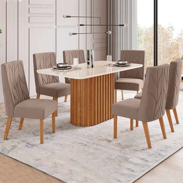 Mesa de Jantar 6 Lugares Luana com Vidro Nature/Off White/Amêndoa - Pnr Móveis