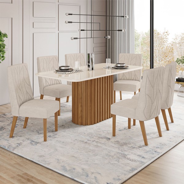 Mesa de Jantar 6 Lugares Luana/Eloá com Vidro Nature/Off White/Linho - Pnr Móveis