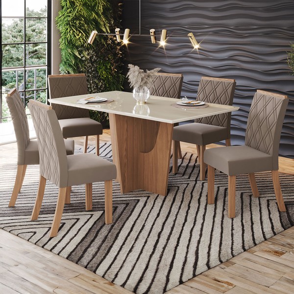 Mesa de Jantar 6 Lugares Nicole/Vita com Vidro Nature/Off White/Bege - Pnr Móveis