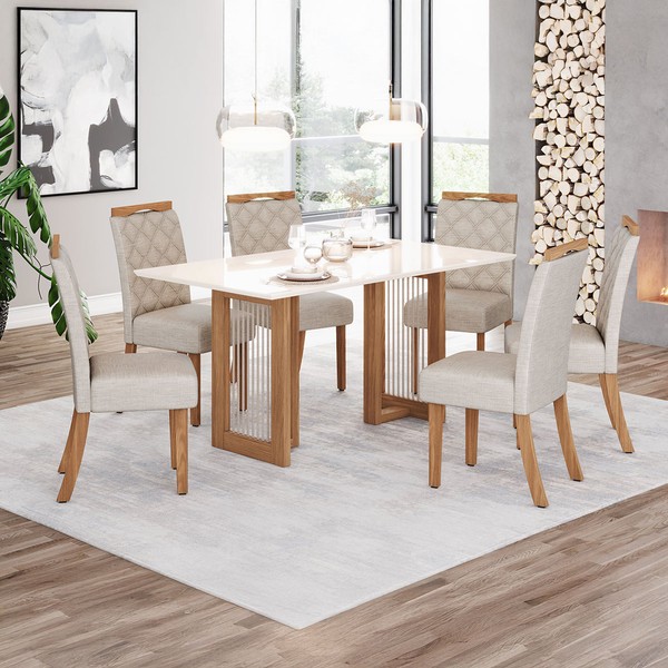 Mesa de Jantar 6 Lugares Amélia Nature/Off White/Linho - Pnr Móveis