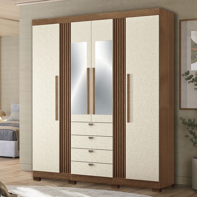 Guarda-Roupa Casal Aurora 4 Portas 4 Gavetas com Espelho Ripado Jatoba/Areia - Santos Andirá