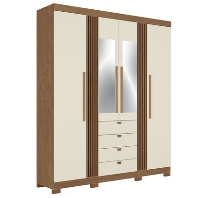 Guarda-Roupa Casal Aurora 4 Portas 4 Gavetas com Espelho Ripado Jatoba/Areia - Santos Andirá