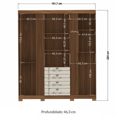 Guarda-Roupa Casal Aurora 4 Portas 4 Gavetas com Espelho Ripado Jatoba/Areia - Santos Andirá