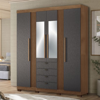 Guarda-Roupa Casal Aurora 4 Portas 4 Gavetas com Espelho Ripado Jatoba/Grafite - Santos Andirá