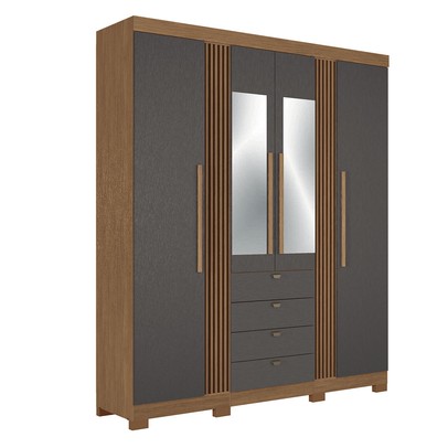 Guarda-Roupa Casal Aurora 4 Portas 4 Gavetas com Espelho Ripado Jatoba/Grafite - Santos Andirá