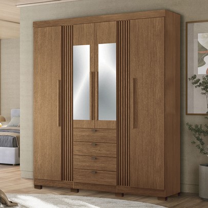 Guarda-Roupa Casal Aurora 4 Portas 4 Gavetas com Espelho Ripado Jatoba - Santos Andirá