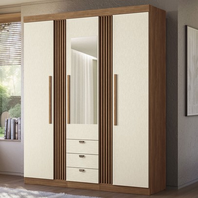 Guarda-Roupa Casal Auroroa 3 Portas 3 Gavetas com Espelho Ripado Jatoba/Areia 16384 - Santos Andirá