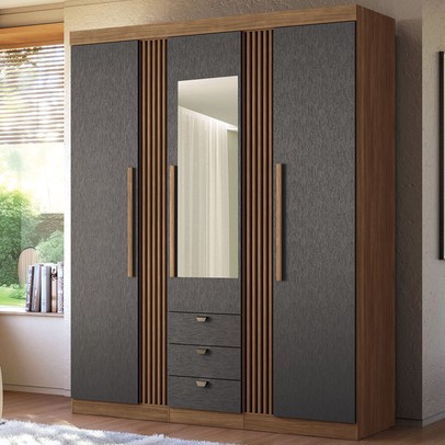 Guarda-Roupa Casal Auroroa 3 Portas 3 Gavetas com Espelho Ripado Jatoba/Grafite 16384 - Santos Andirá