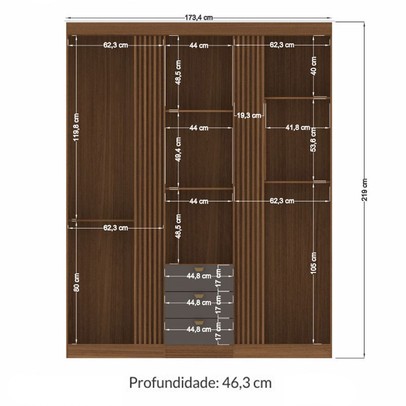 Guarda-Roupa Casal Auroroa 3 Portas 3 Gavetas com Espelho Ripado Jatoba/Grafite 16384 - Santos Andirá