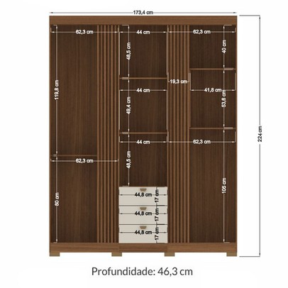 Guarda-Roupa Casal Aurora 3 Portas 3 Gavetas com Espelho Ripado Jatoba/Areia - Santos Andirá