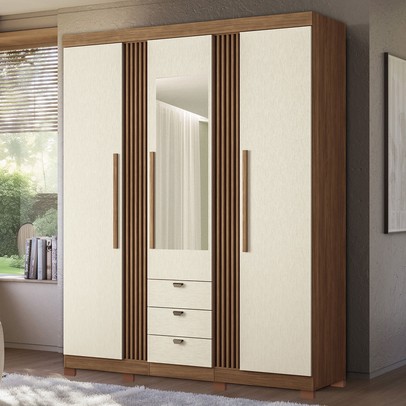 Guarda-Roupa Casal Aurora 3 Portas 3 Gavetas com Espelho Ripado Jatoba/Areia - Santos Andirá