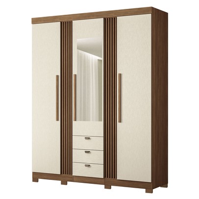 Guarda-Roupa Casal Aurora 3 Portas 3 Gavetas com Espelho Ripado Jatoba/Areia - Santos Andirá