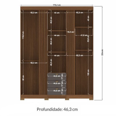 Guarda-Roupa Casal Aurora 3 Portas 3 Gavetas com Espelho Ripado Jatoba/Grafite - Santos Andirá